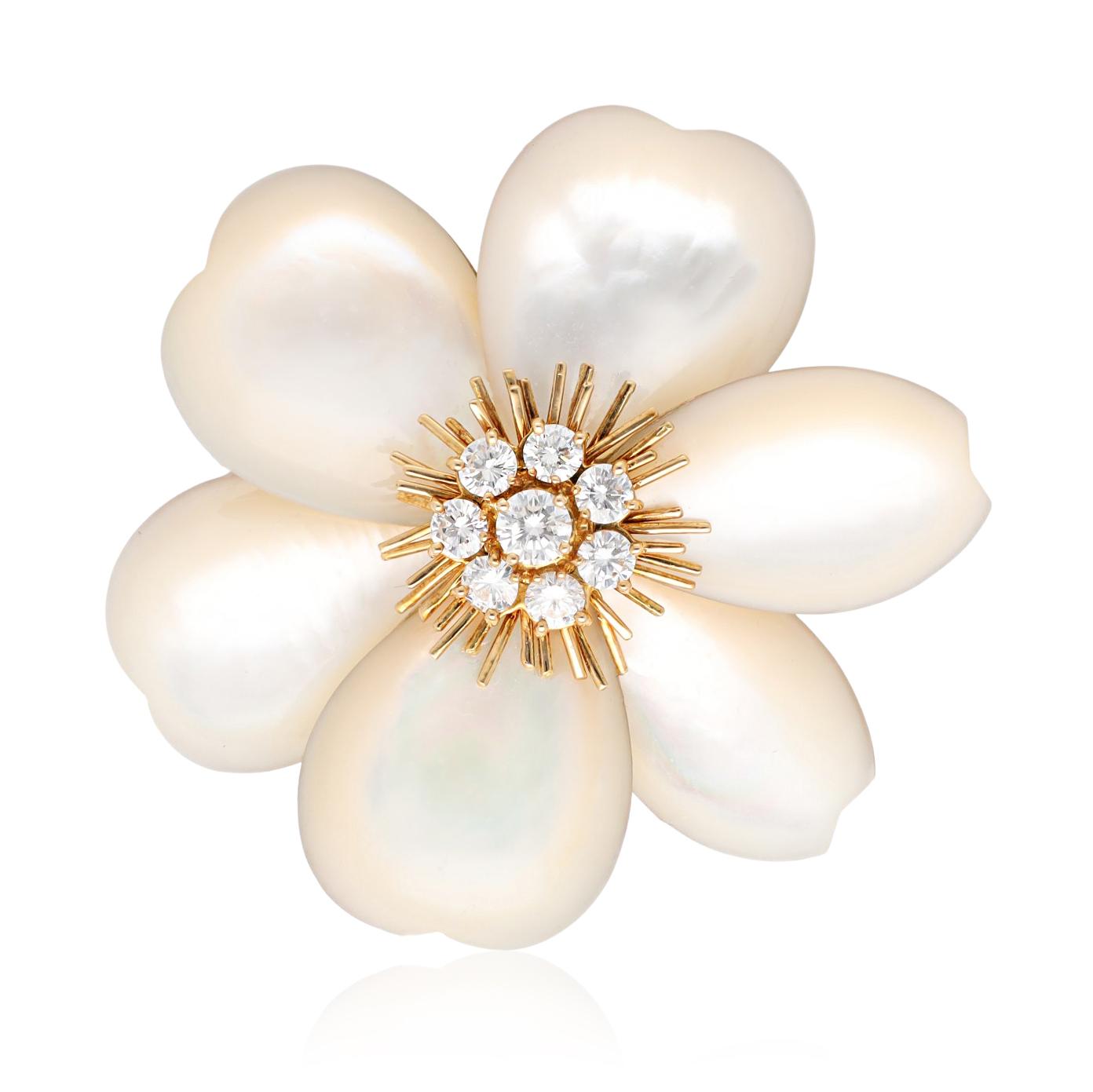 VAN CLEEF & ARPELS 18K Gold, Diamond and Mother of Pearl Rose de Noël Brooch