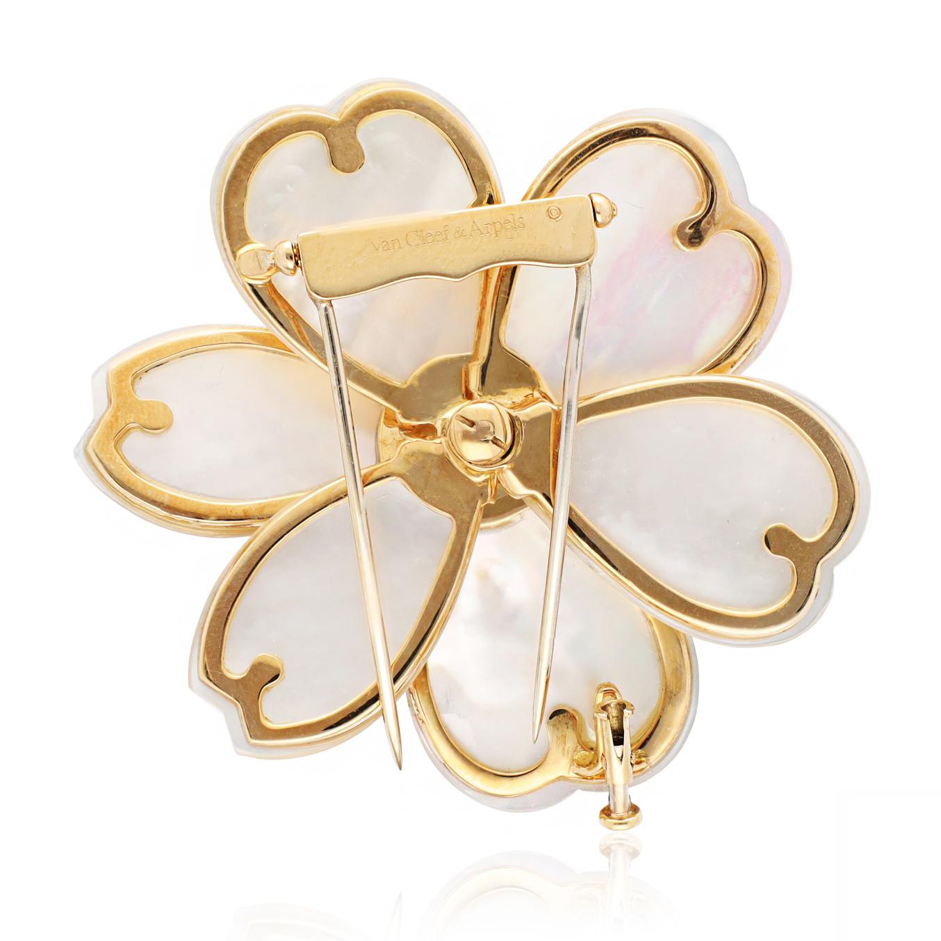 VAN CLEEF & ARPELS 18K Gold, Diamond and Mother of Pearl Rose de Noël Brooch