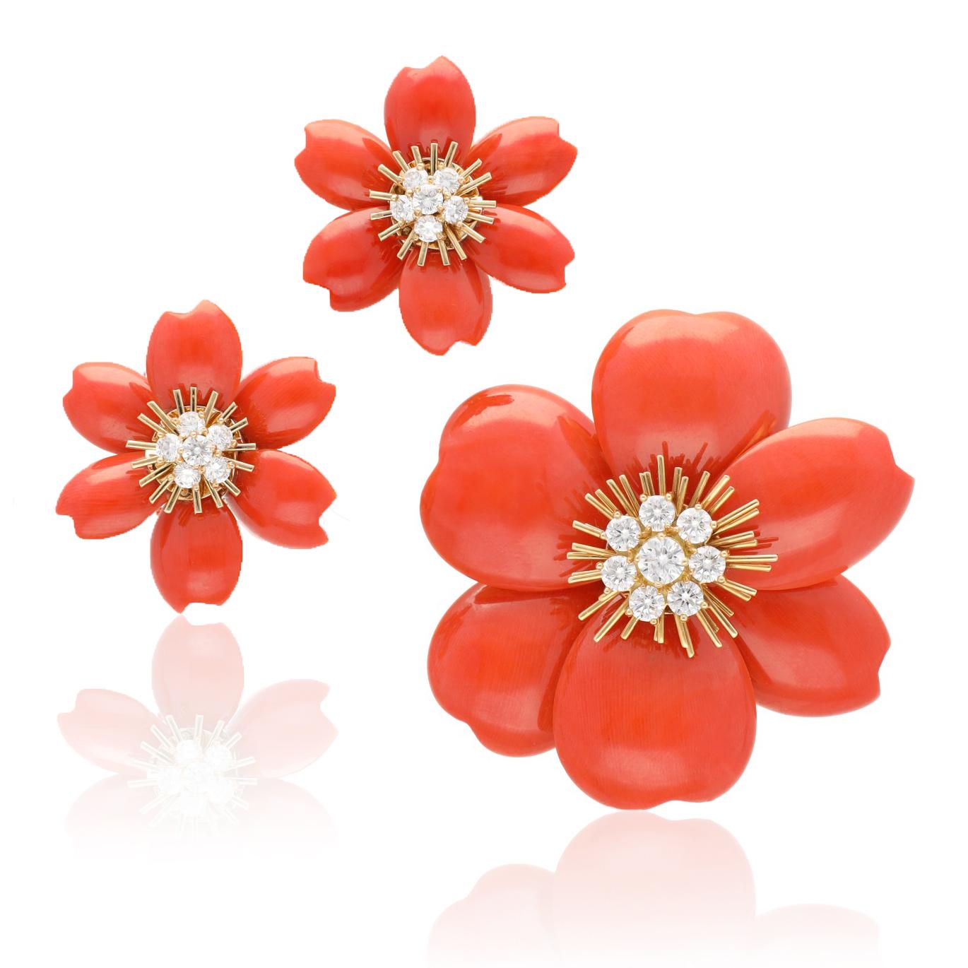 VAN CLEEF & ARPELS Orange Coral and Diamond Rose de Noël Brooch and Ear Clips
