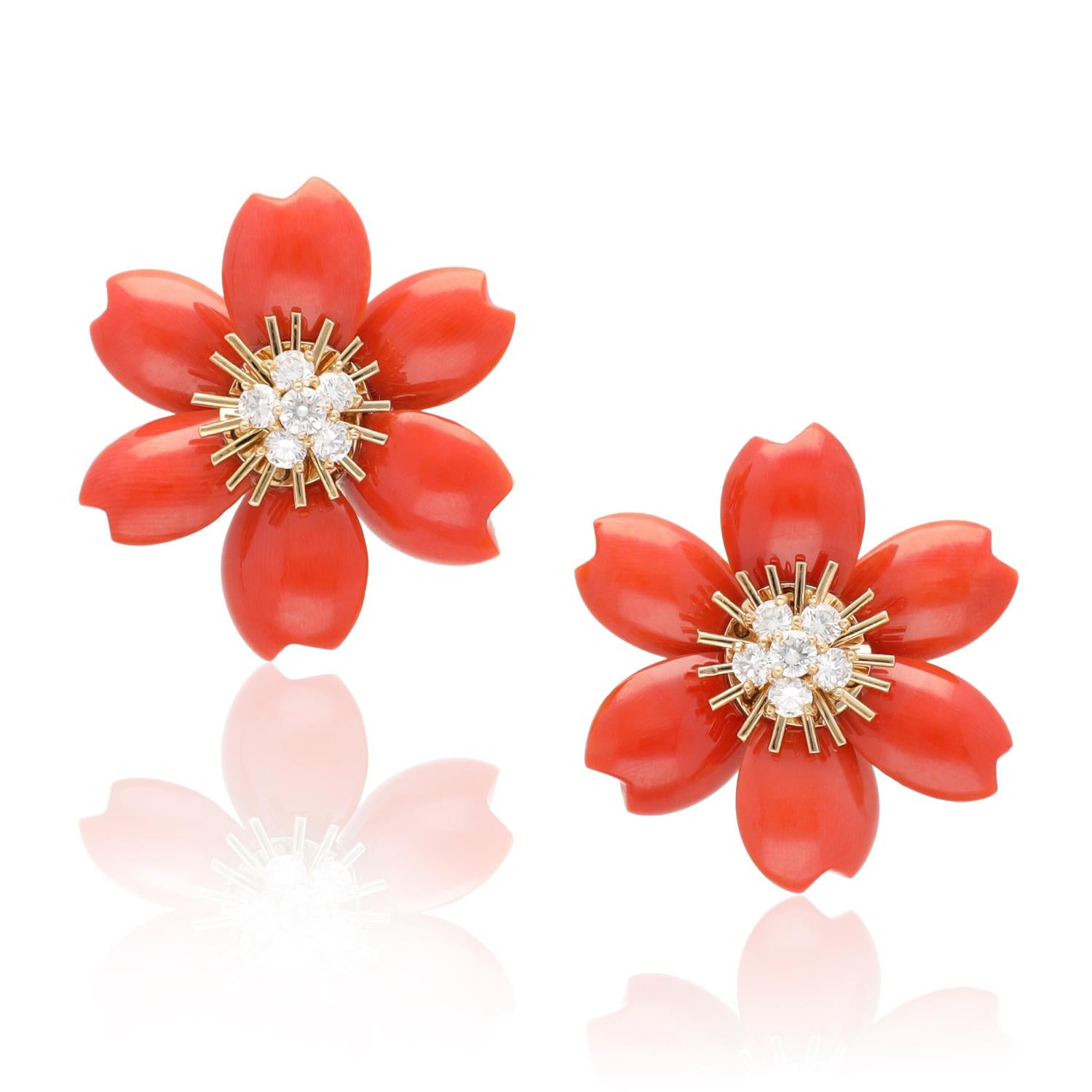 VAN CLEEF & ARPELS Orange Coral and Diamond Rose de Noël Brooch and Ear Clips
