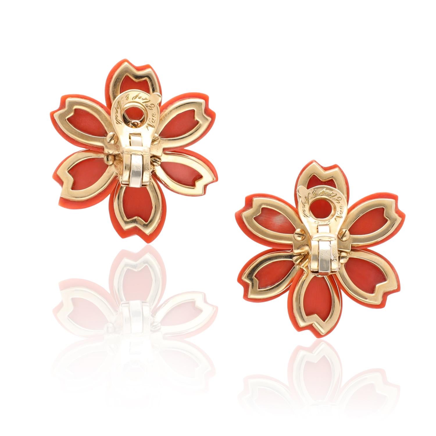 VAN CLEEF & ARPELS Orange Coral and Diamond Rose de Noël Brooch and Ear Clips