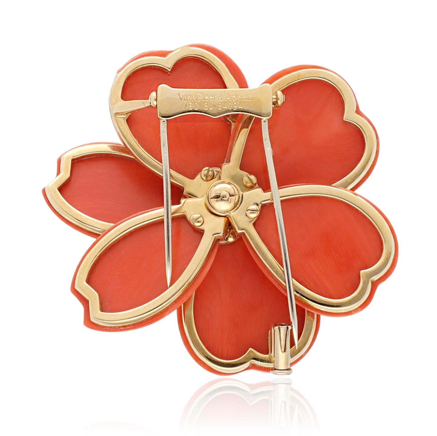 VAN CLEEF & ARPELS Orange Coral and Diamond Rose de Noël Brooch and Ear Clips
