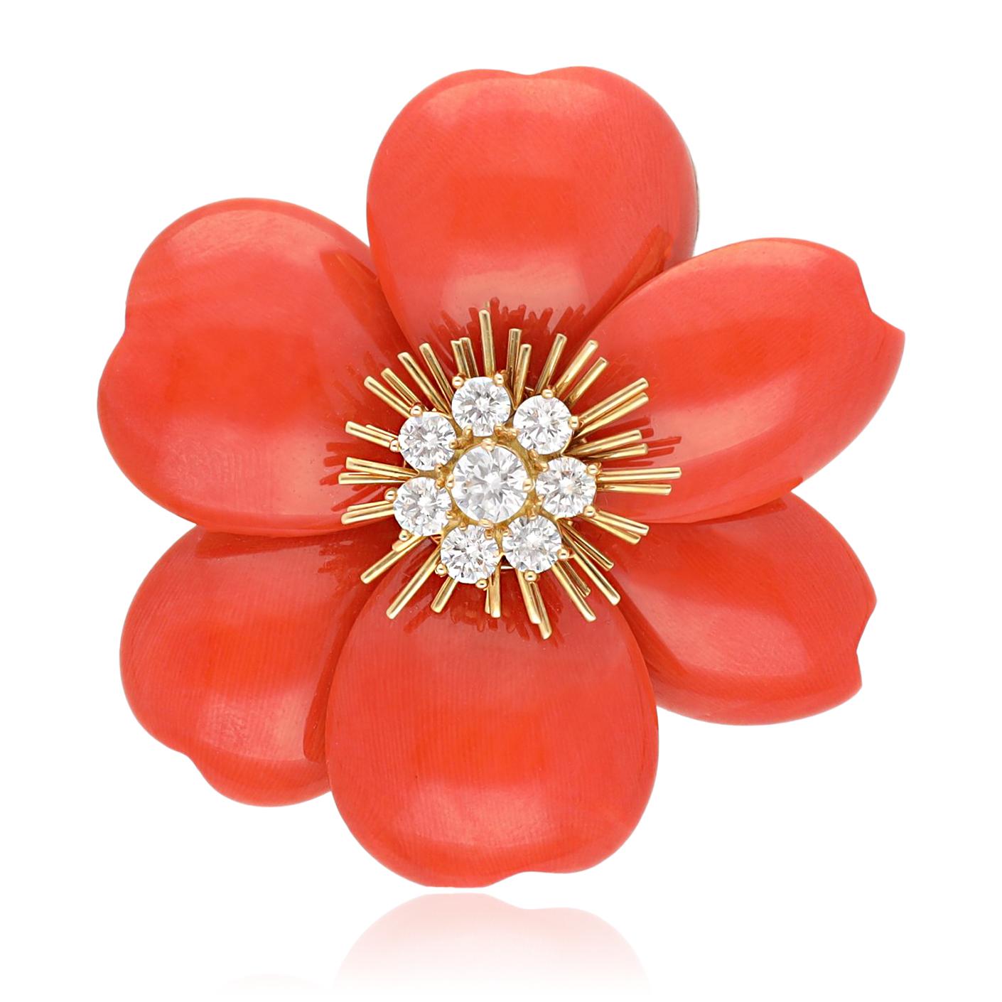 VAN CLEEF & ARPELS Orange Coral and Diamond Rose de Noël Brooch and Ear Clips