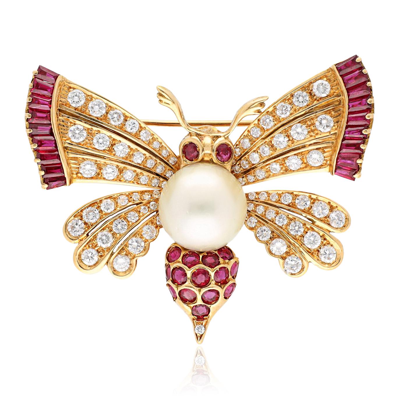 GRAFF 18K Yellow Gold Diamond, Ruby and Pearl Butterfly Brooch