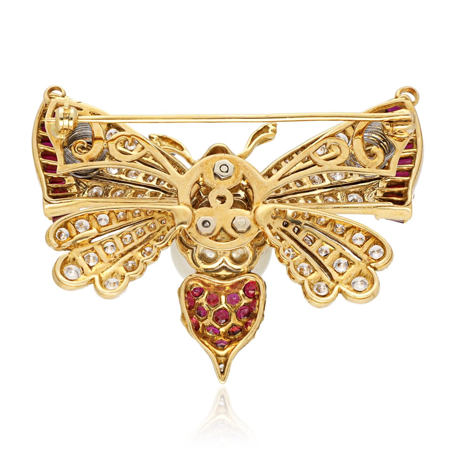 GRAFF 18K Yellow Gold Diamond, Ruby and Pearl Butterfly Brooch