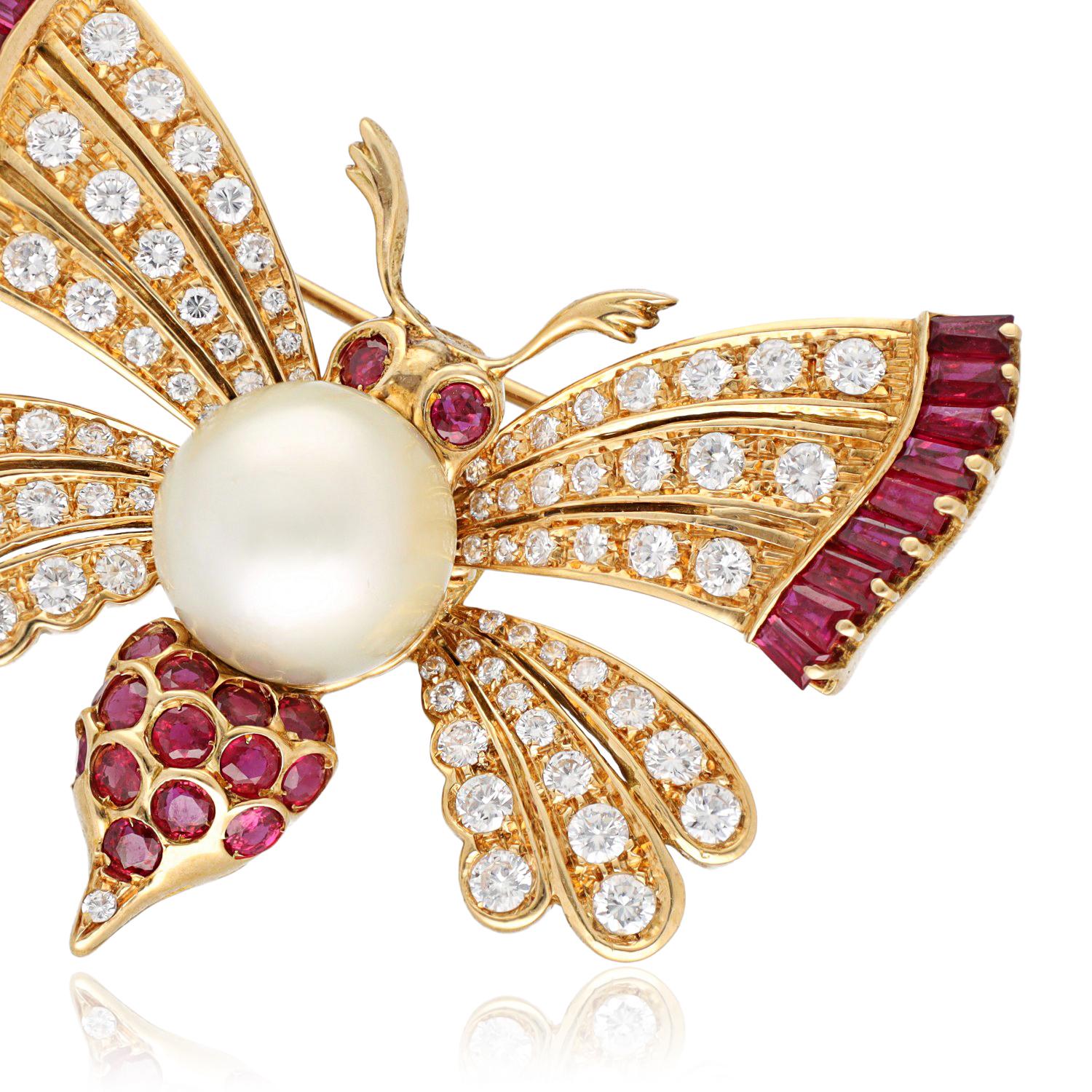 GRAFF 18K Yellow Gold Diamond, Ruby and Pearl Butterfly Brooch