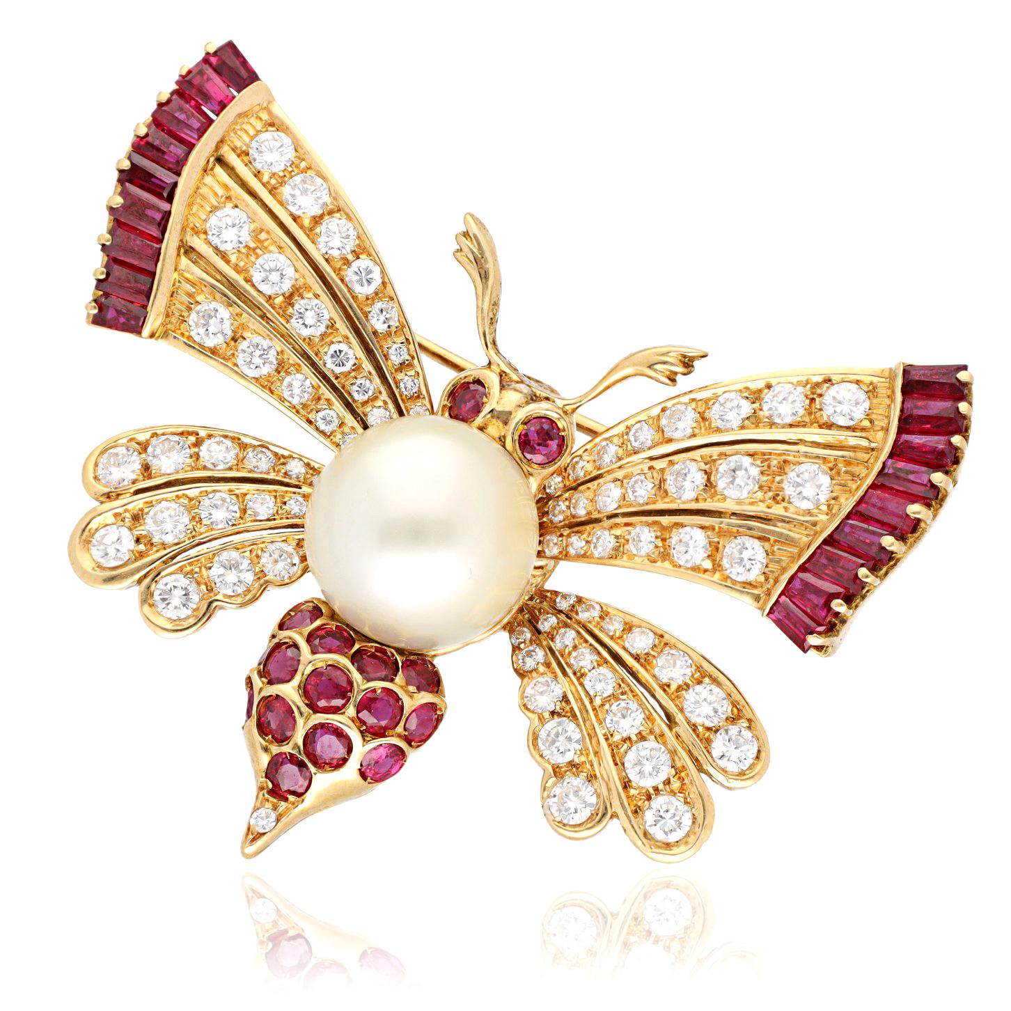GRAFF 18K Yellow Gold Diamond, Ruby and Pearl Butterfly Brooch