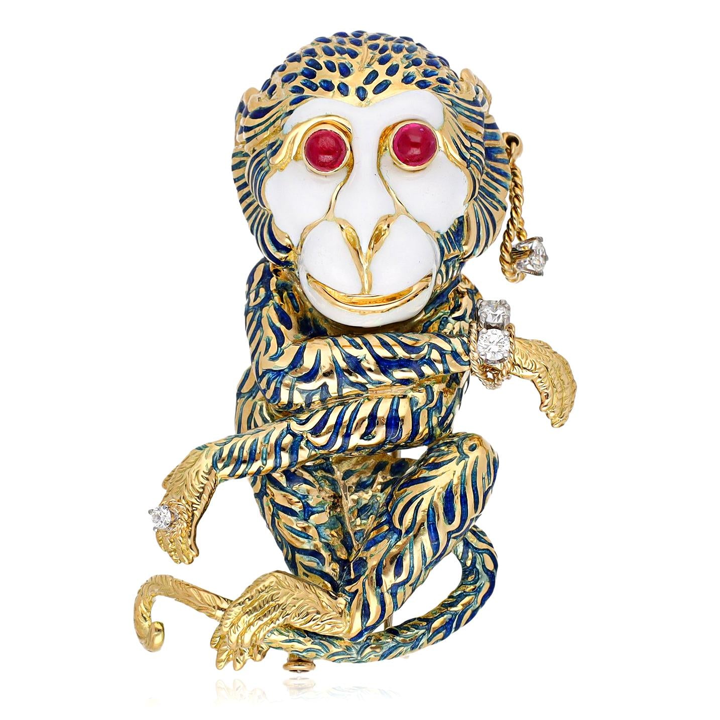 DAVID WEBB 'Gypsy' Monkey Brooch, Blue Enamel