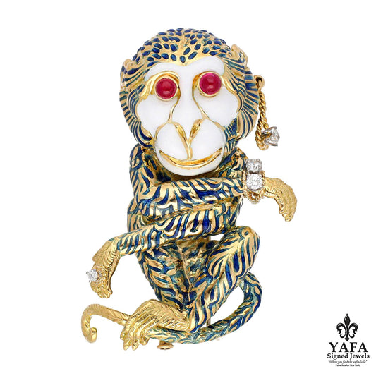 DAVID WEBB 'Gypsy' Monkey Brooch, Blue Enamel