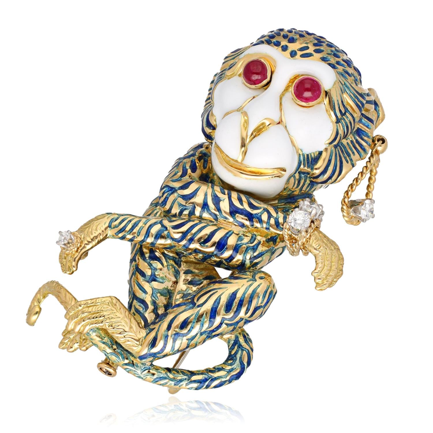 DAVID WEBB 'Gypsy' Monkey Brooch, Blue Enamel