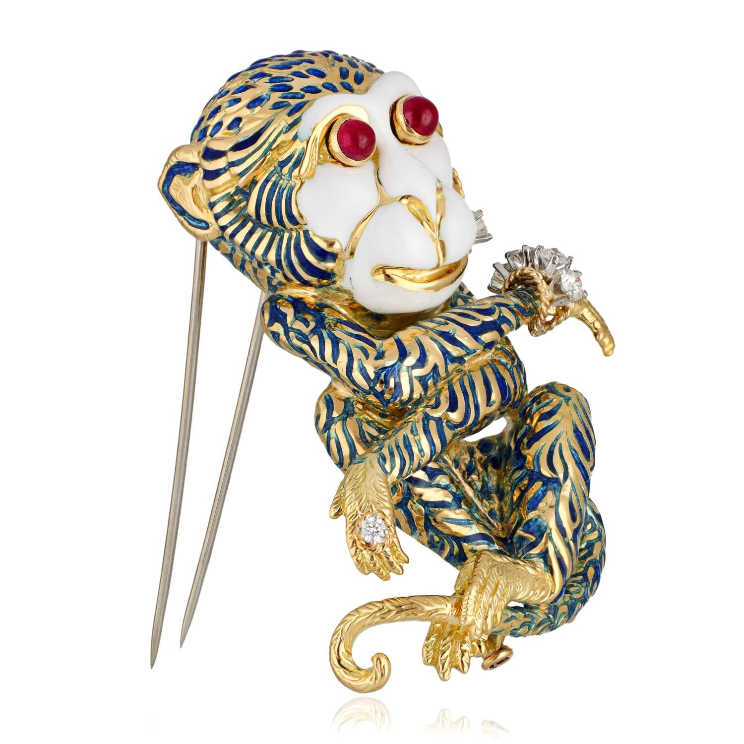 DAVID WEBB 'Gypsy' Monkey Brooch, Blue Enamel