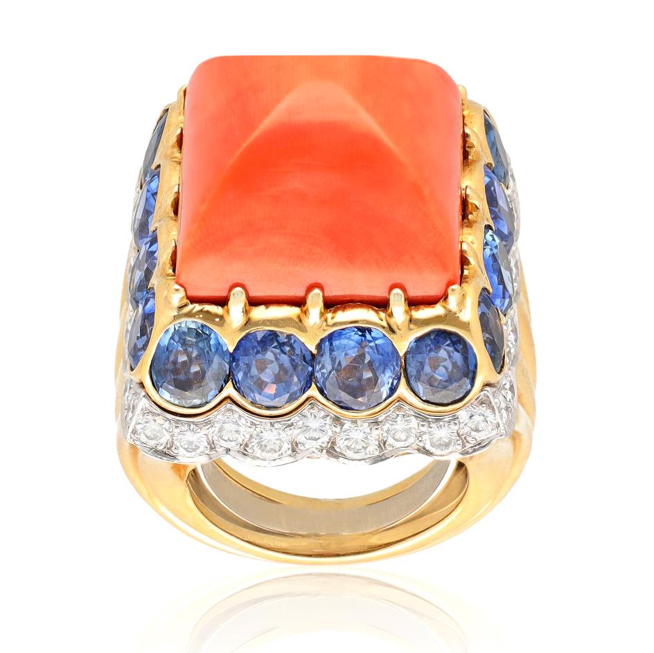 DAVID WEBB Coral, Sapphire & Diamond Ring