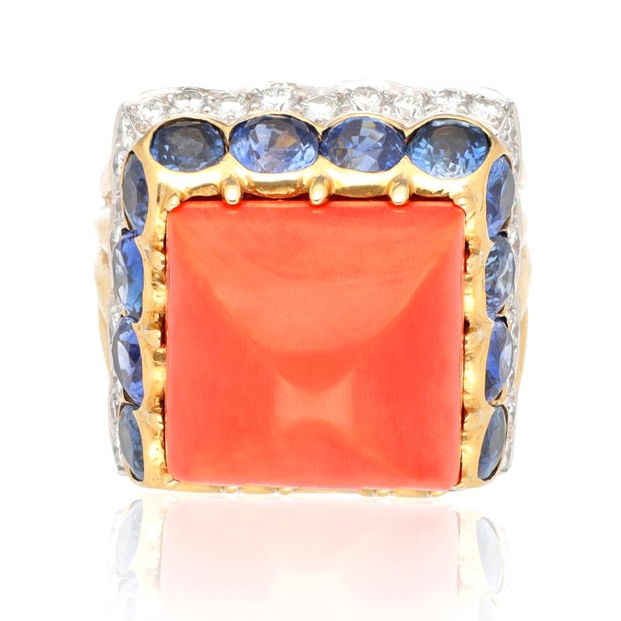 DAVID WEBB Coral, Sapphire & Diamond Ring