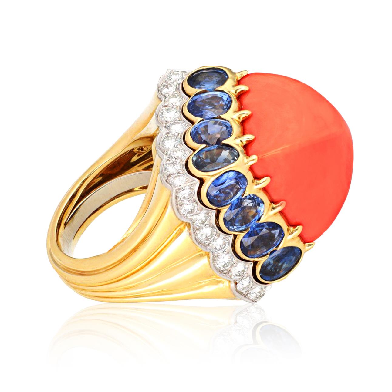 DAVID WEBB Coral, Sapphire & Diamond Ring