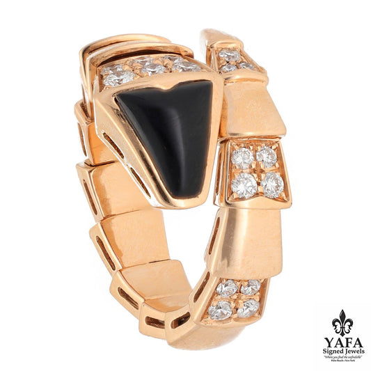 BVLGARI 18K Rose Gold Onyx and Diamond Serpenti Ring