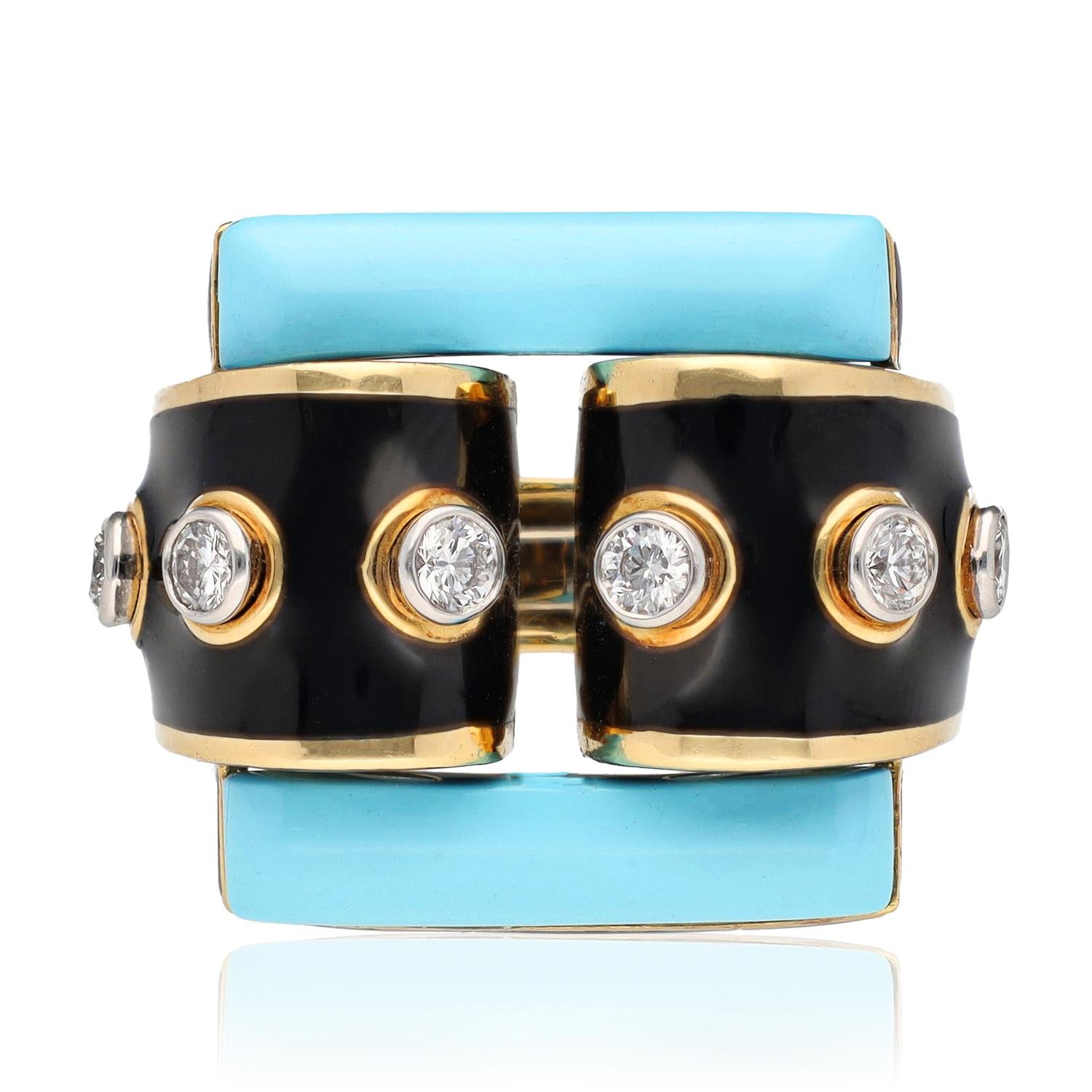 DAVID WEBB Turquoise, Diamond & Black Enamel Domino Ring