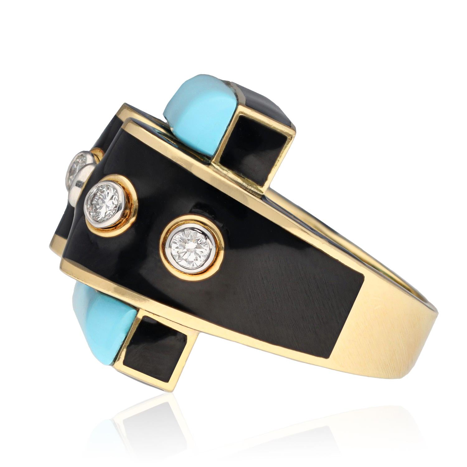 DAVID WEBB Turquoise, Diamond & Black Enamel Domino Ring