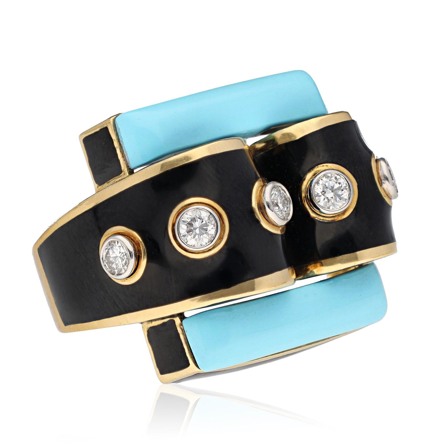 DAVID WEBB Turquoise, Diamond & Black Enamel Domino Ring