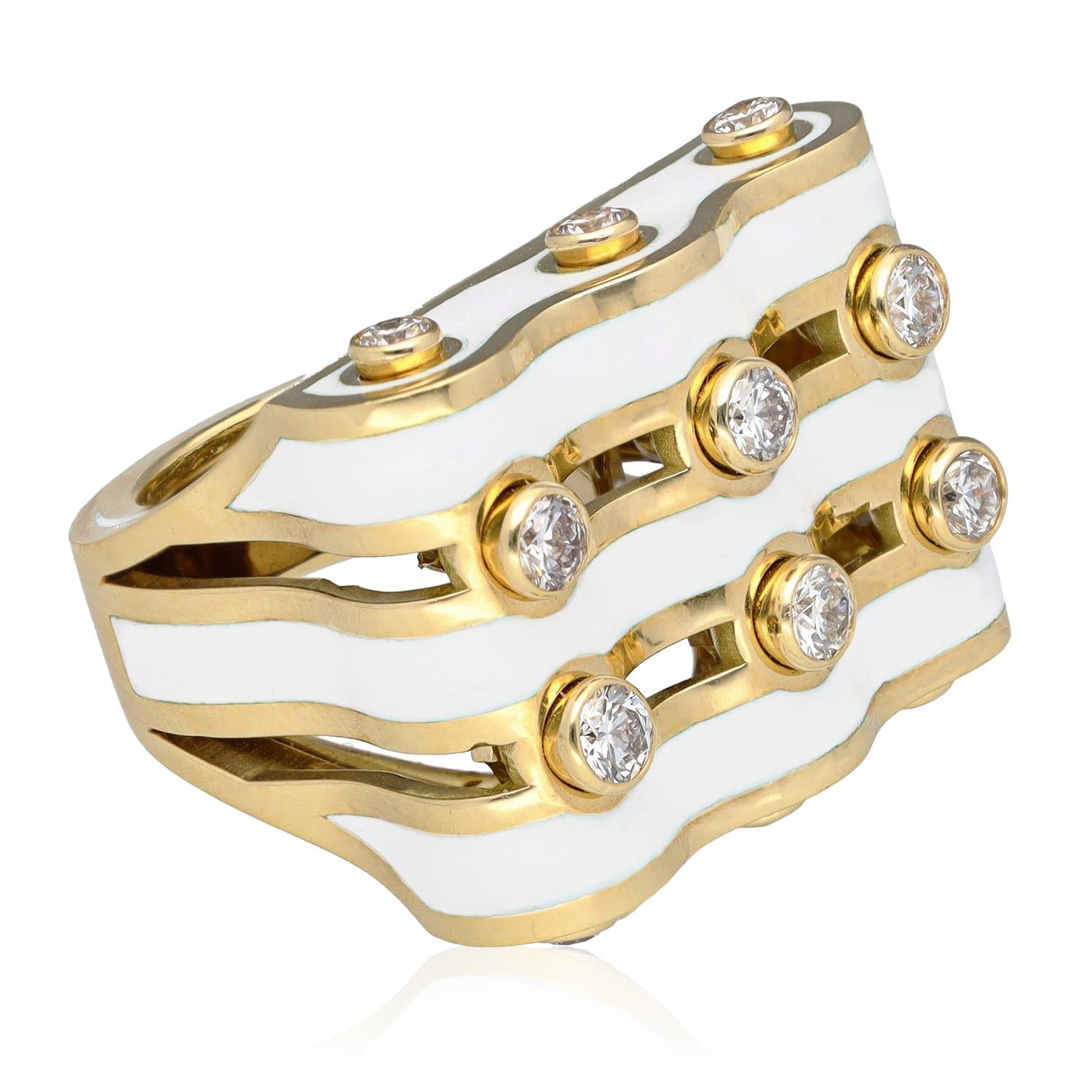 DAVID WEBB Diamond Wave Ring, White Enamel