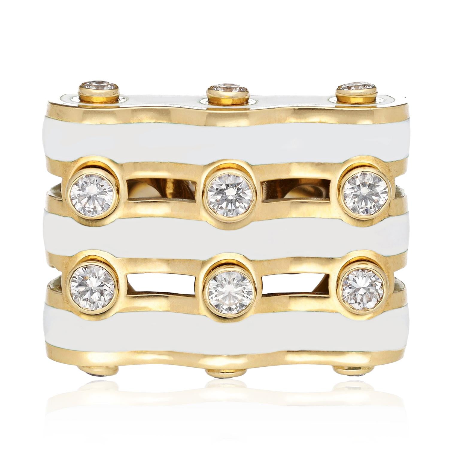 DAVID WEBB Diamond Wave Ring, White Enamel