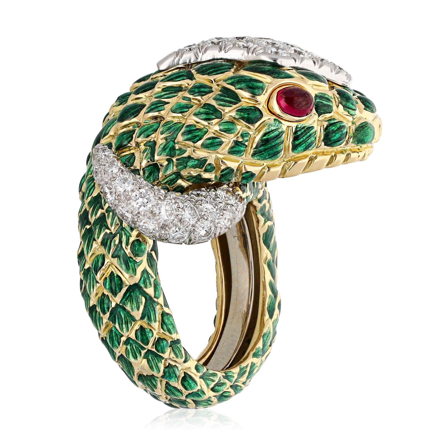 DAVID WEBB 18K Yellow Gold Platinum Green Enamel Diamond and Cabochon Ruby Snake