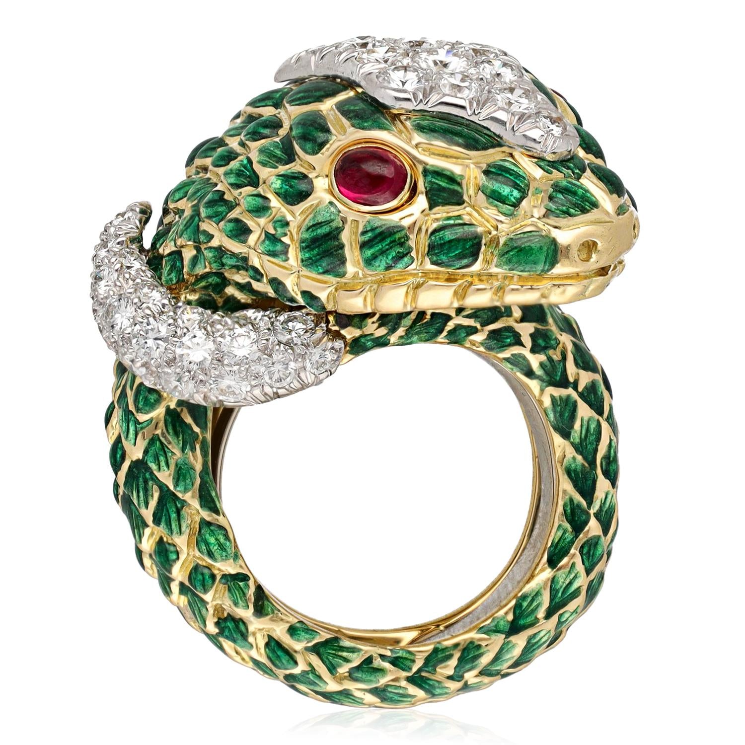 DAVID WEBB 18K Yellow Gold Platinum Green Enamel Diamond and Cabochon Ruby Snake