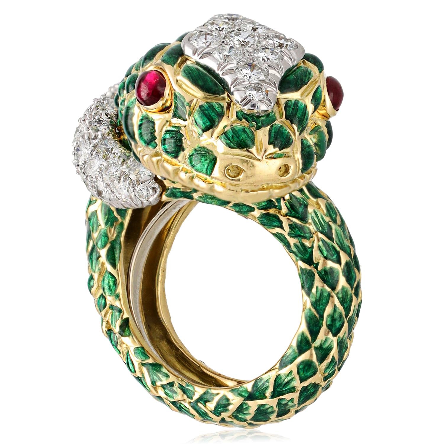 DAVID WEBB 18K Yellow Gold Platinum Green Enamel Diamond and Cabochon Ruby Snake