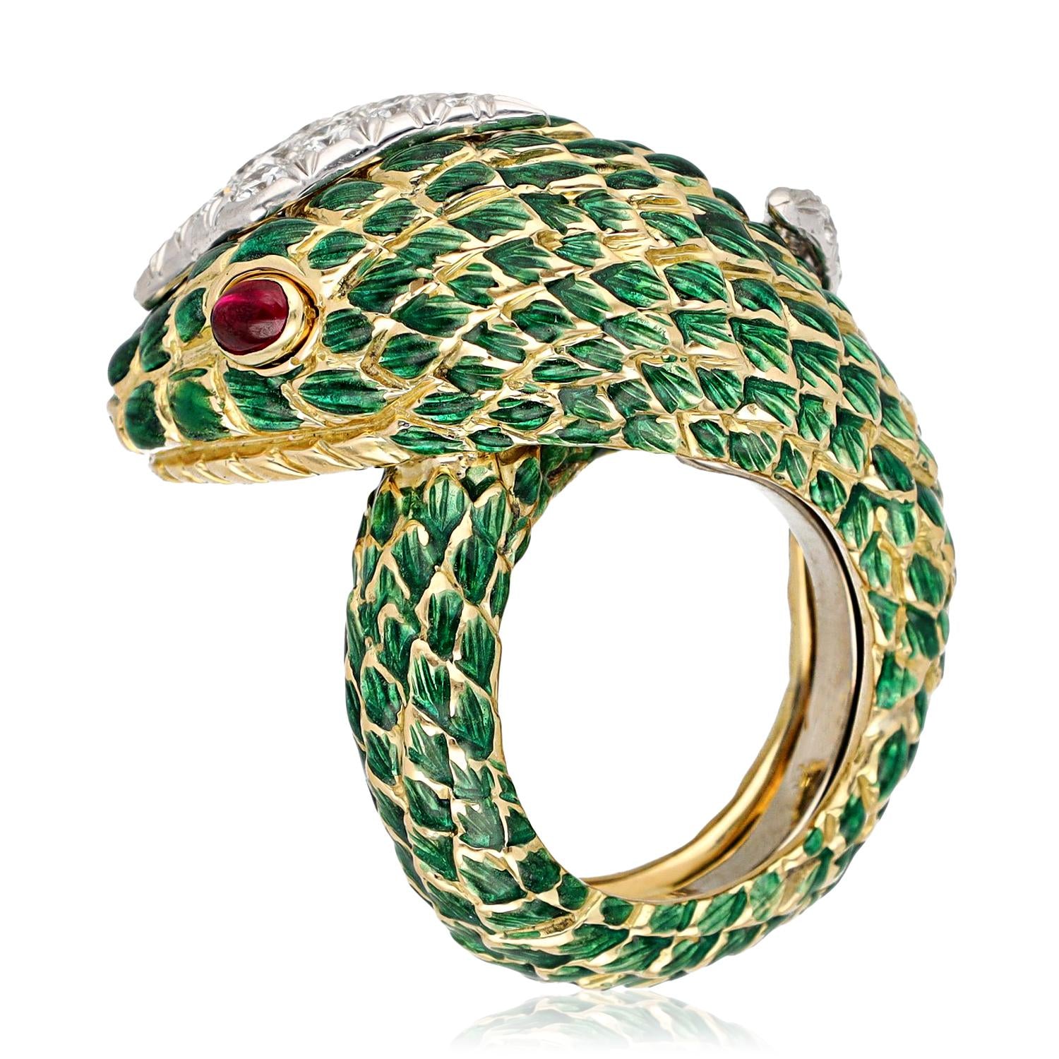 DAVID WEBB 18K Yellow Gold Platinum Green Enamel Diamond and Cabochon Ruby Snake