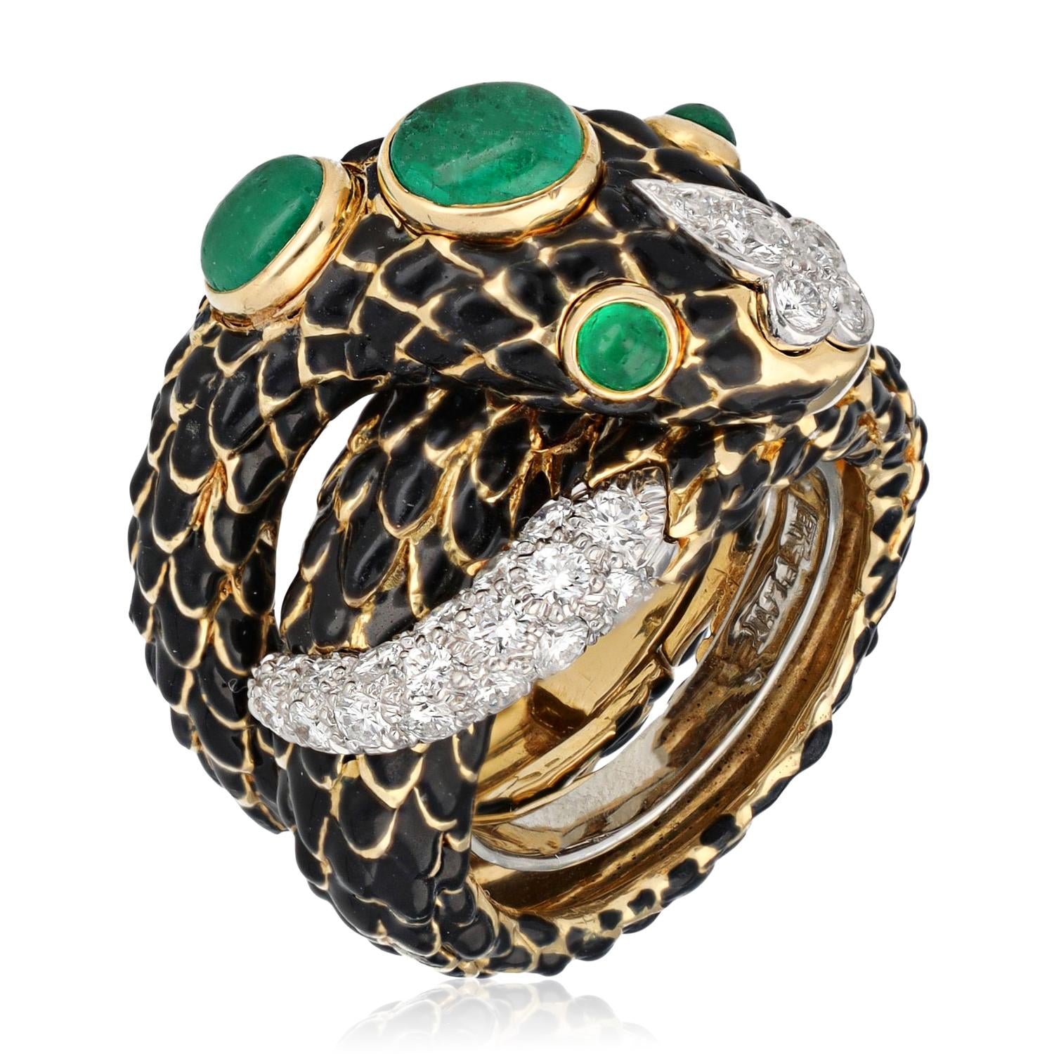 DAVID WEBB Diamond Black Enamel and Cabochon Emerald Ring