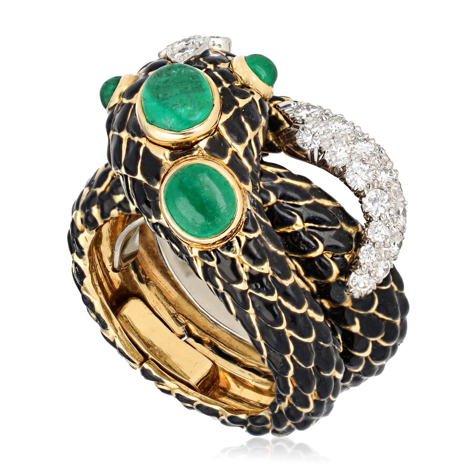 DAVID WEBB Diamond Black Enamel and Cabochon Emerald Ring