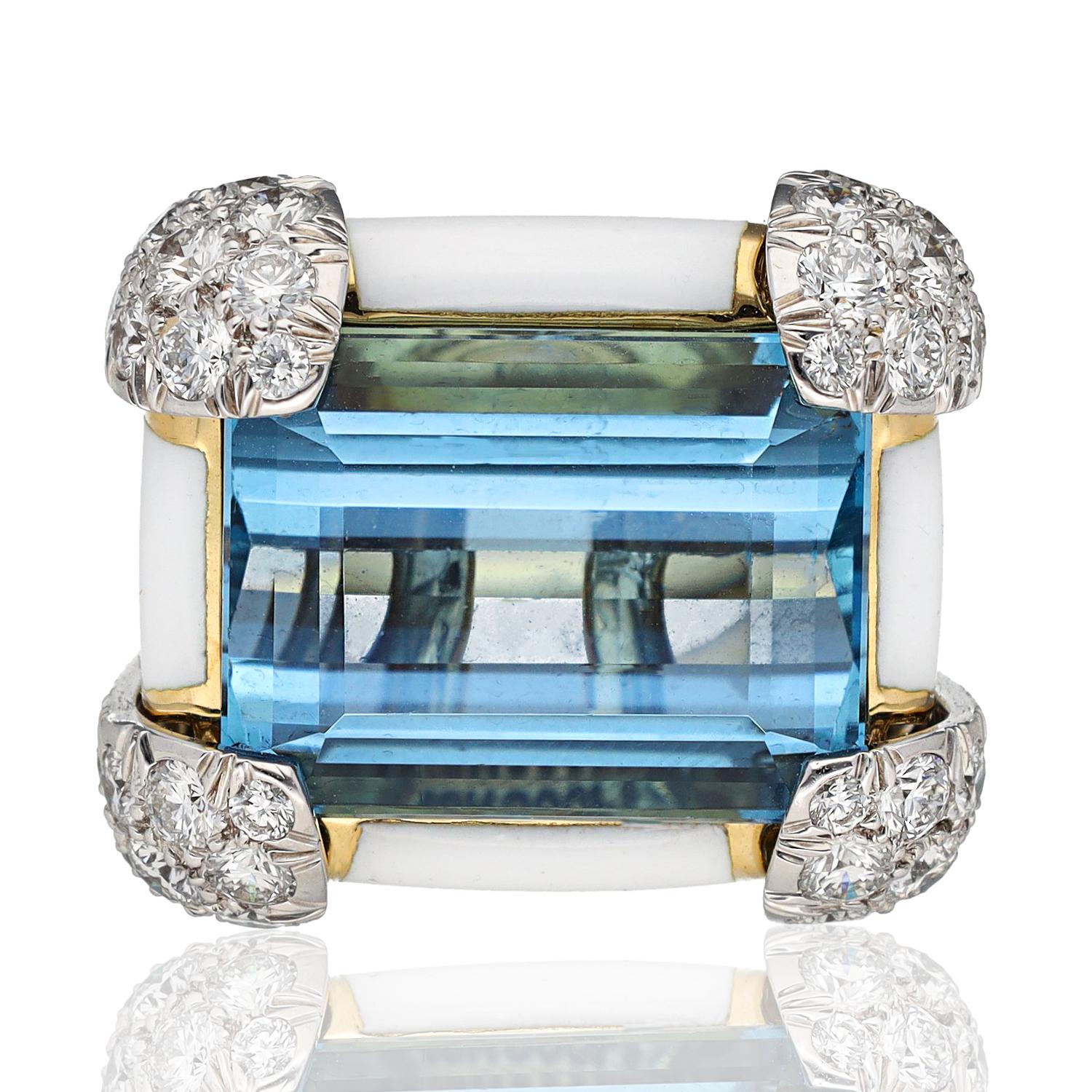 DAVID WEBB Aquamarine, Diamond & Enamel Ring