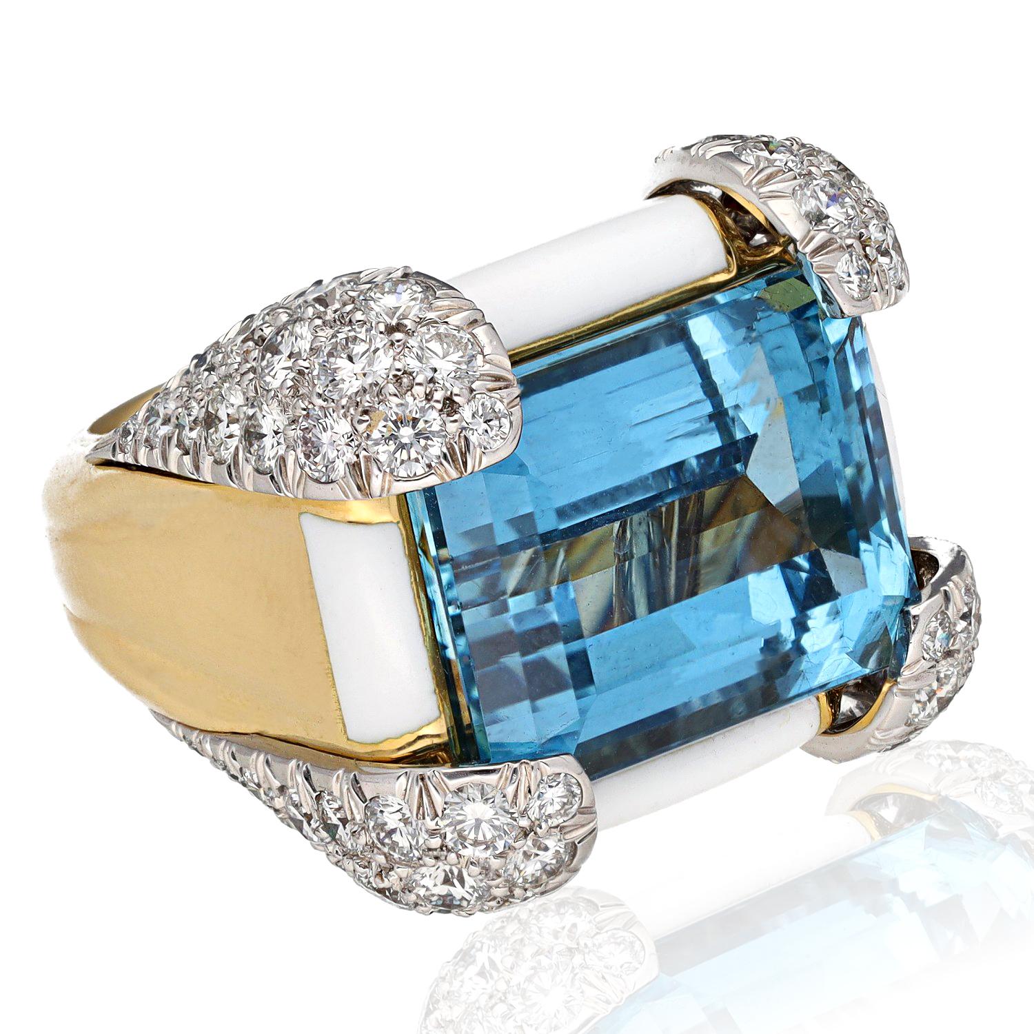 DAVID WEBB Aquamarine, Diamond & Enamel Ring