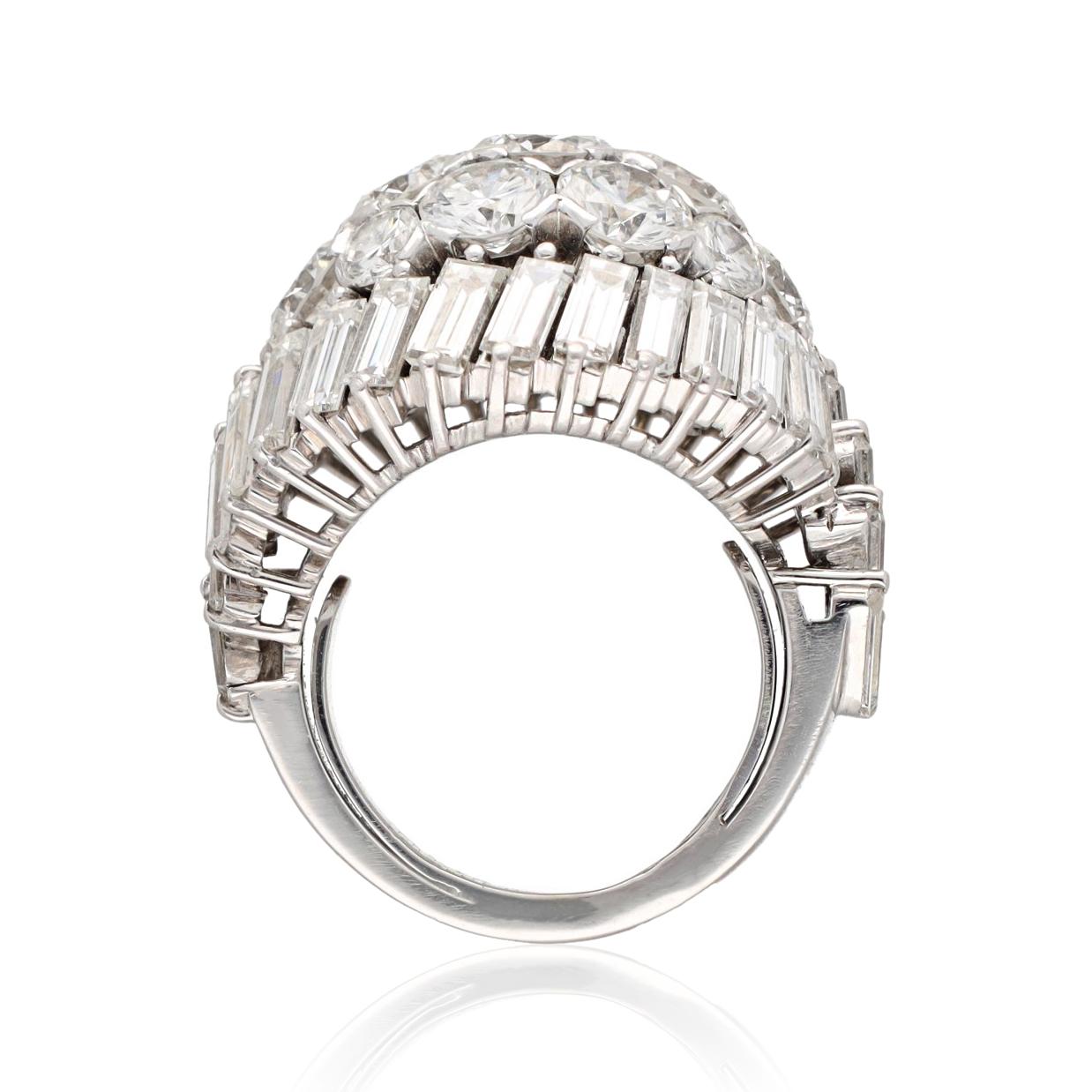 VAN CLEEF & ARPELS Platinum Round and Baguette Diamond Dome Ring