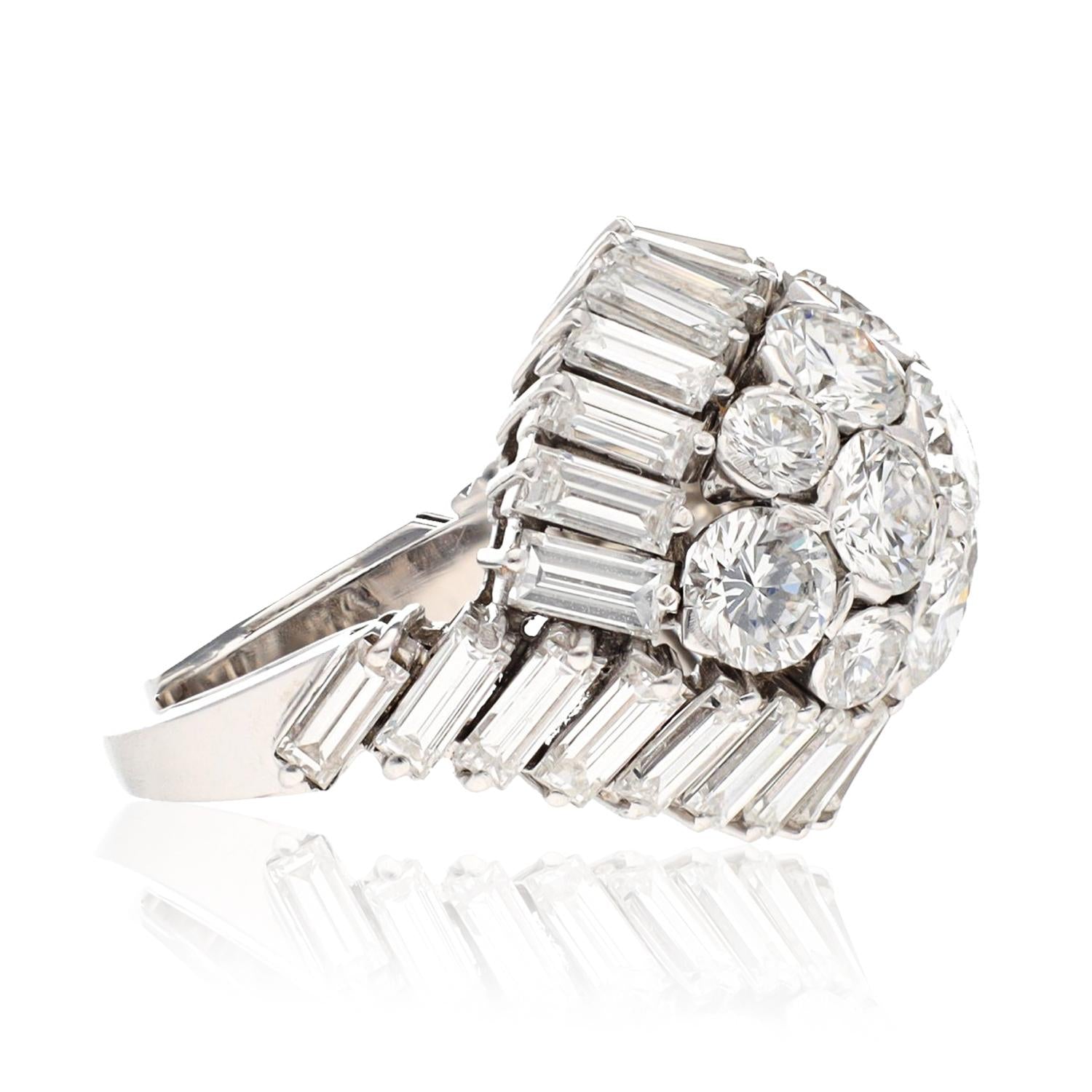 VAN CLEEF & ARPELS Platinum Round and Baguette Diamond Dome Ring