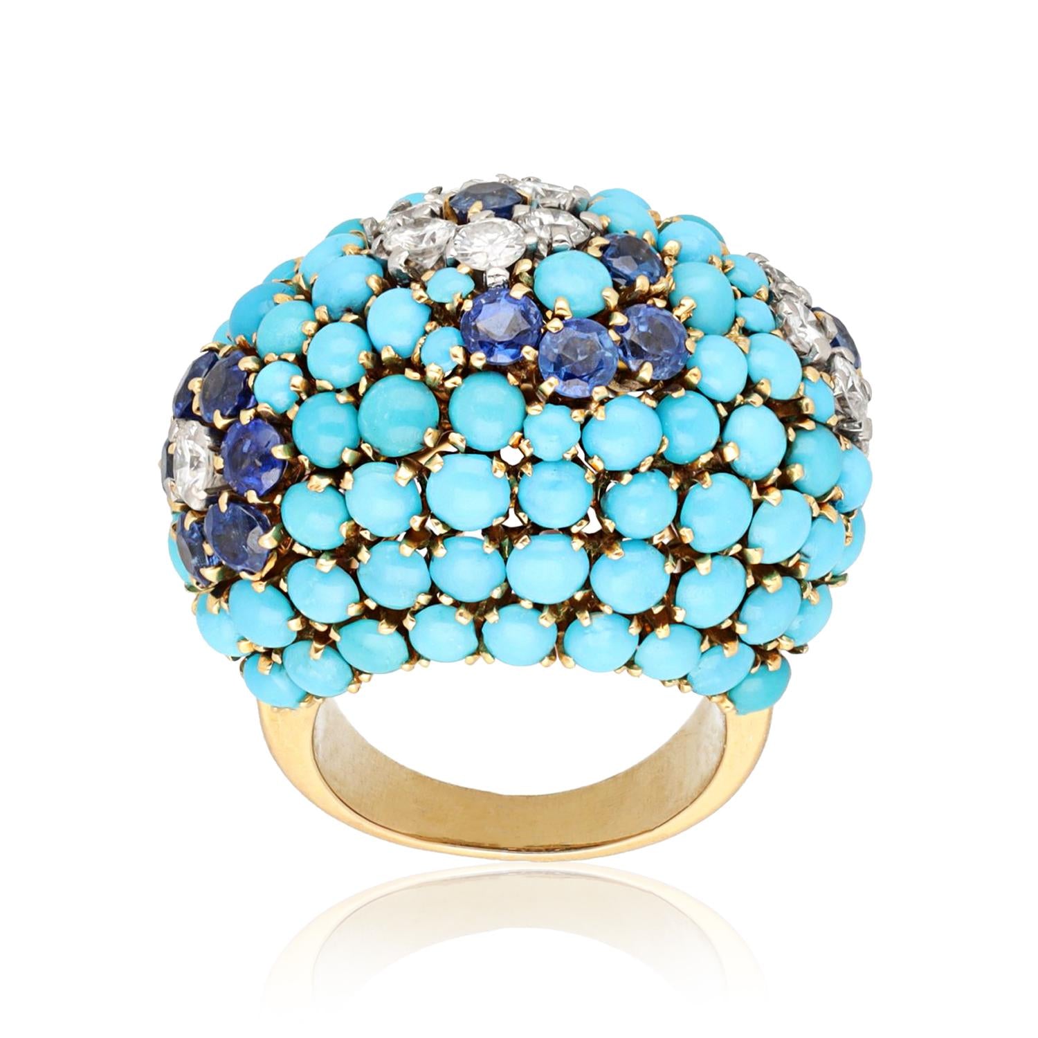VAN CLEEF & ARPELS Turquoise, Sapphire, and Diamond Flower Dome Ring