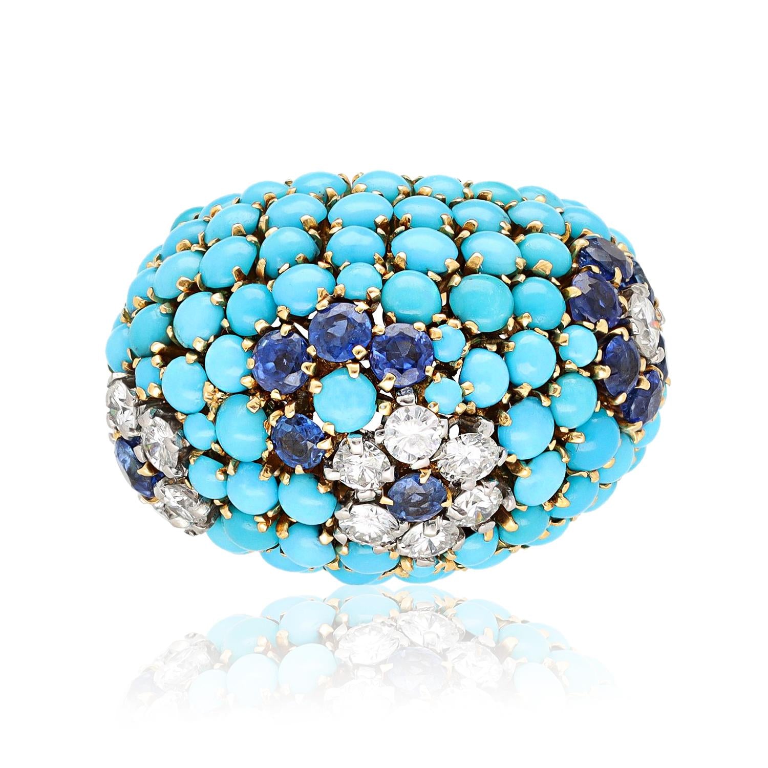 VAN CLEEF & ARPELS Turquoise, Sapphire, and Diamond Flower Dome Ring