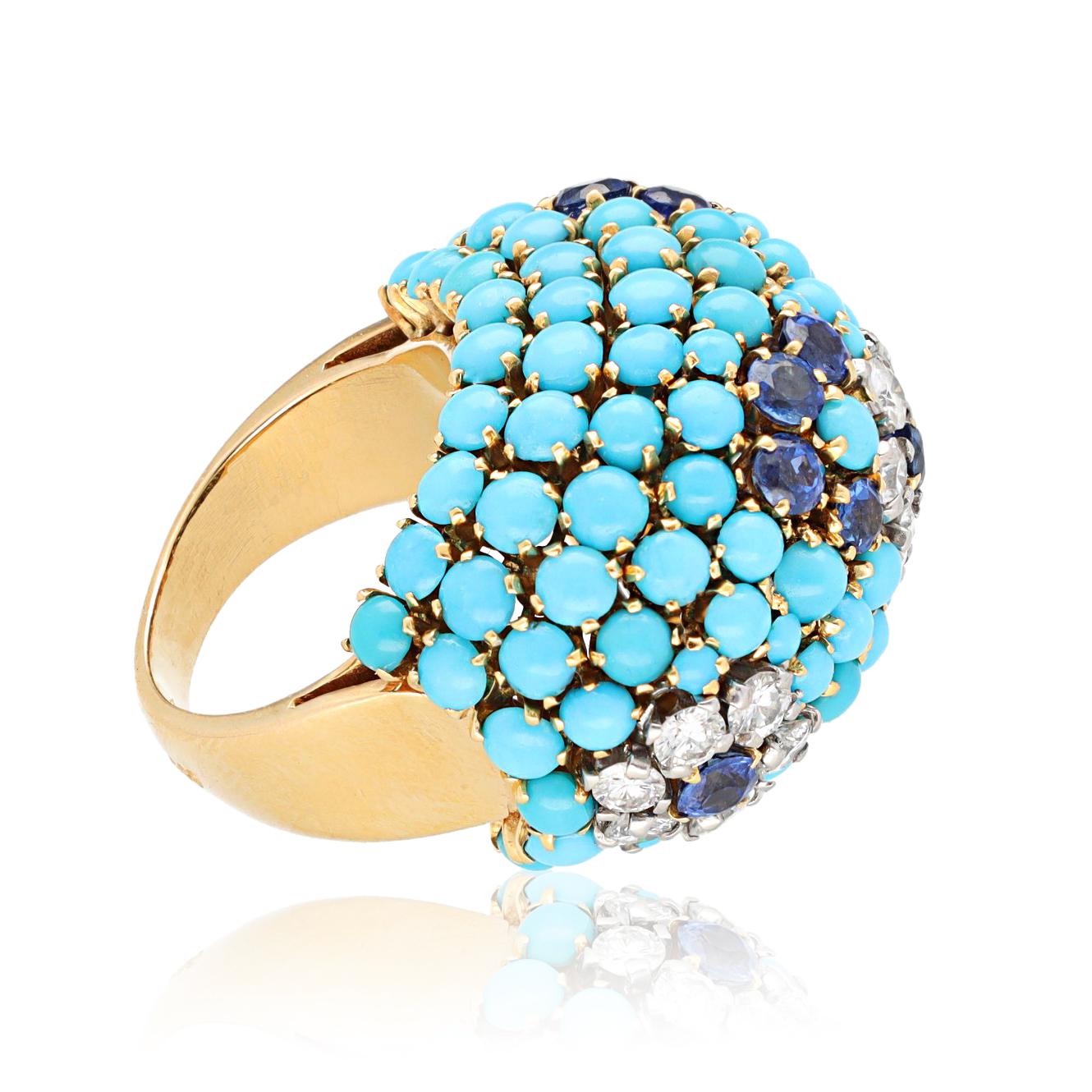VAN CLEEF & ARPELS Turquoise, Sapphire, and Diamond Flower Dome Ring