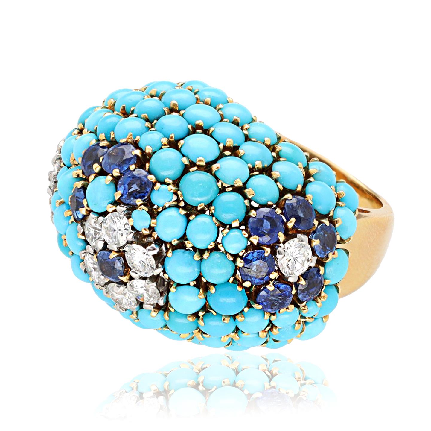 VAN CLEEF & ARPELS Turquoise, Sapphire, and Diamond Flower Dome Ring