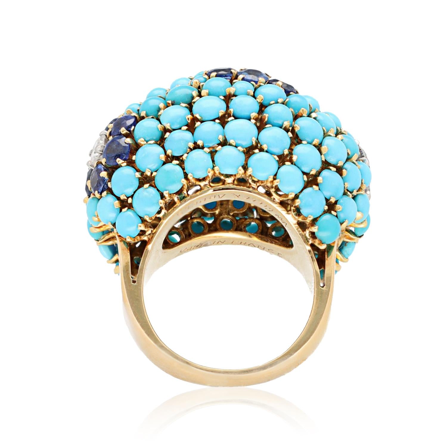 VAN CLEEF & ARPELS Turquoise, Sapphire, and Diamond Flower Dome Ring