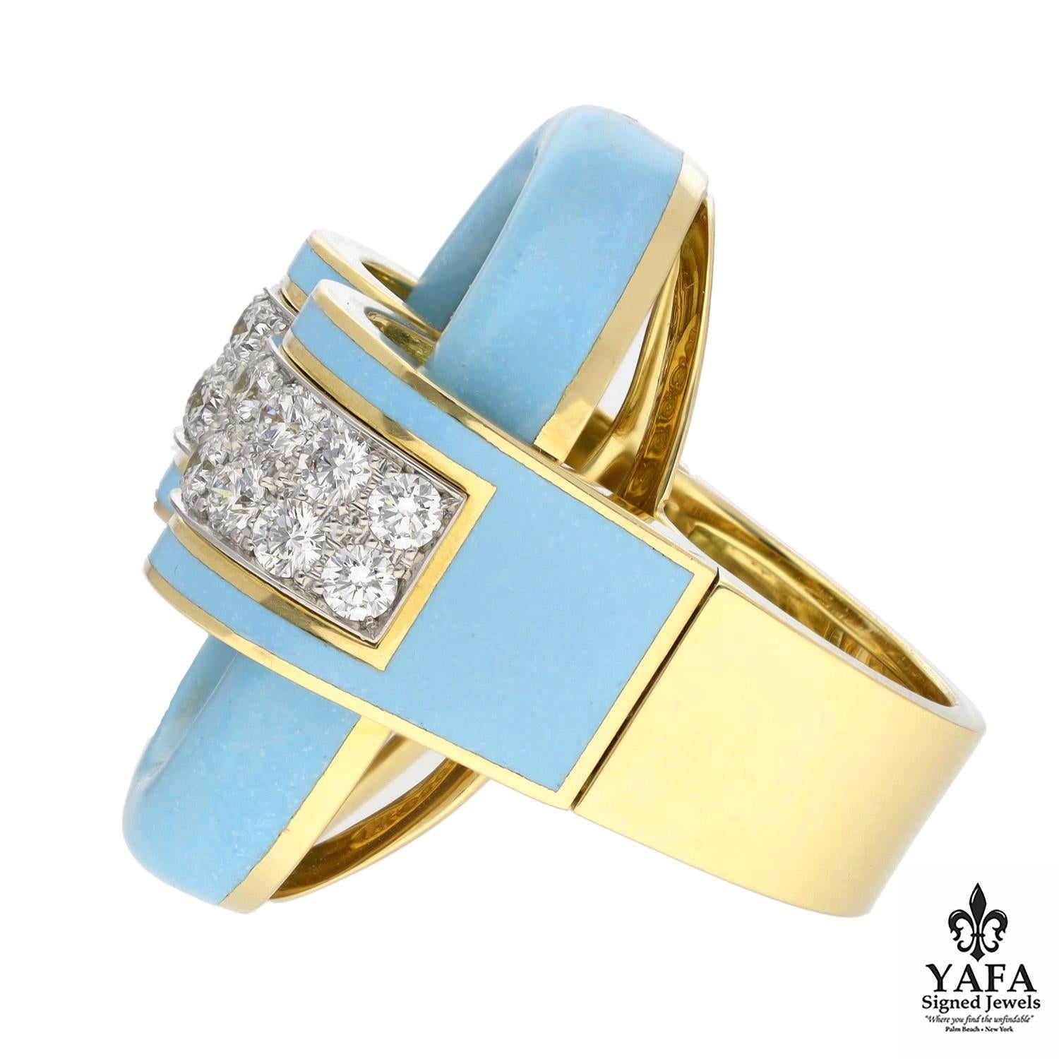 DAVID WEBB Oval Buckle Ring, Light Blue Enamel