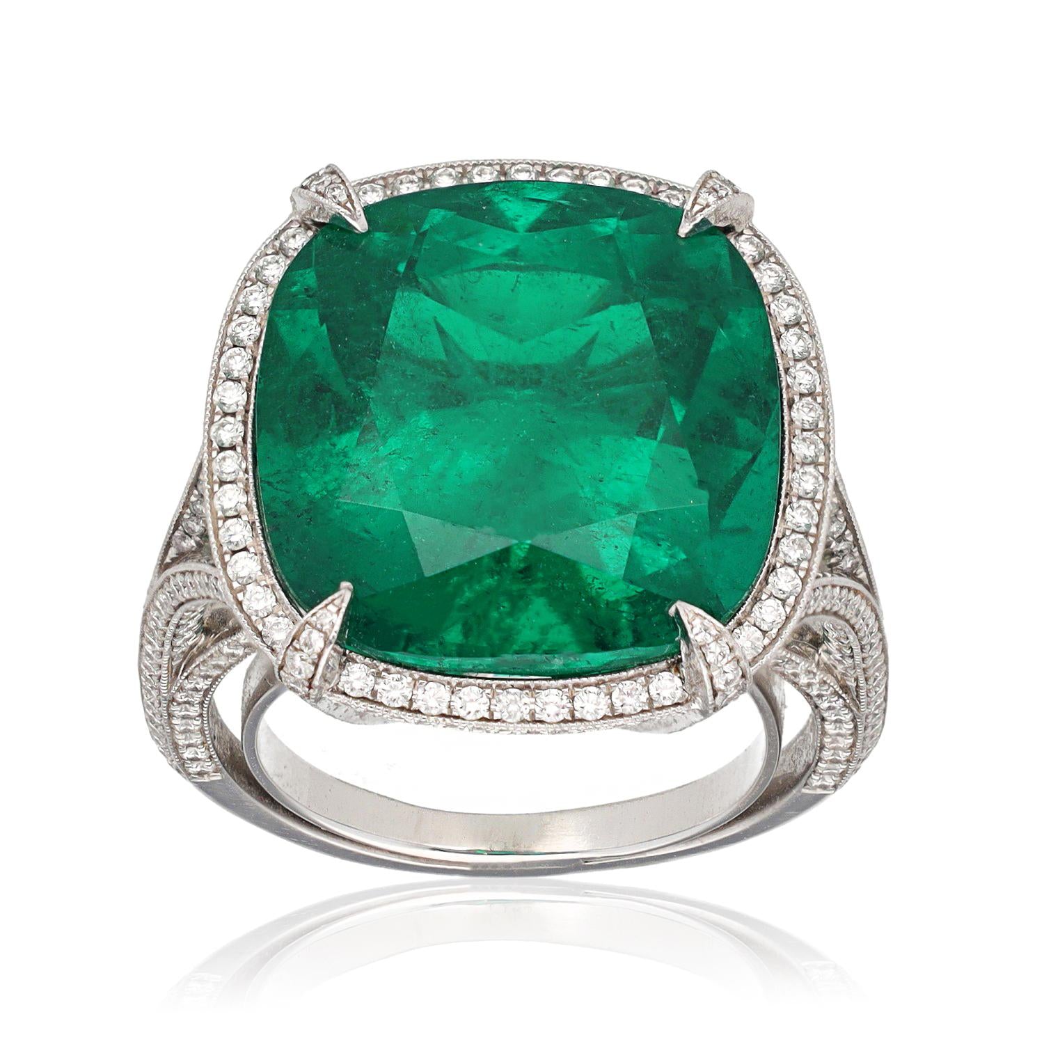 Platinum Diamond and Cushion-Cut Emerald Halo Ring