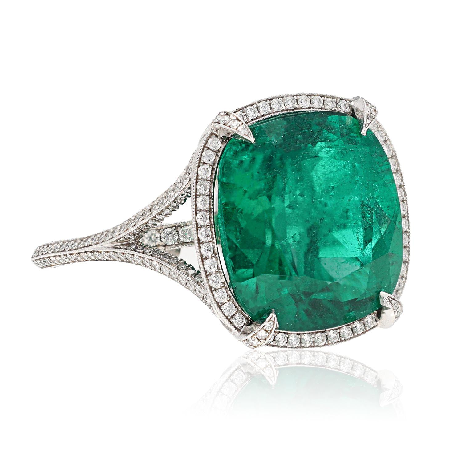 Platinum Diamond and Cushion-Cut Emerald Halo Ring