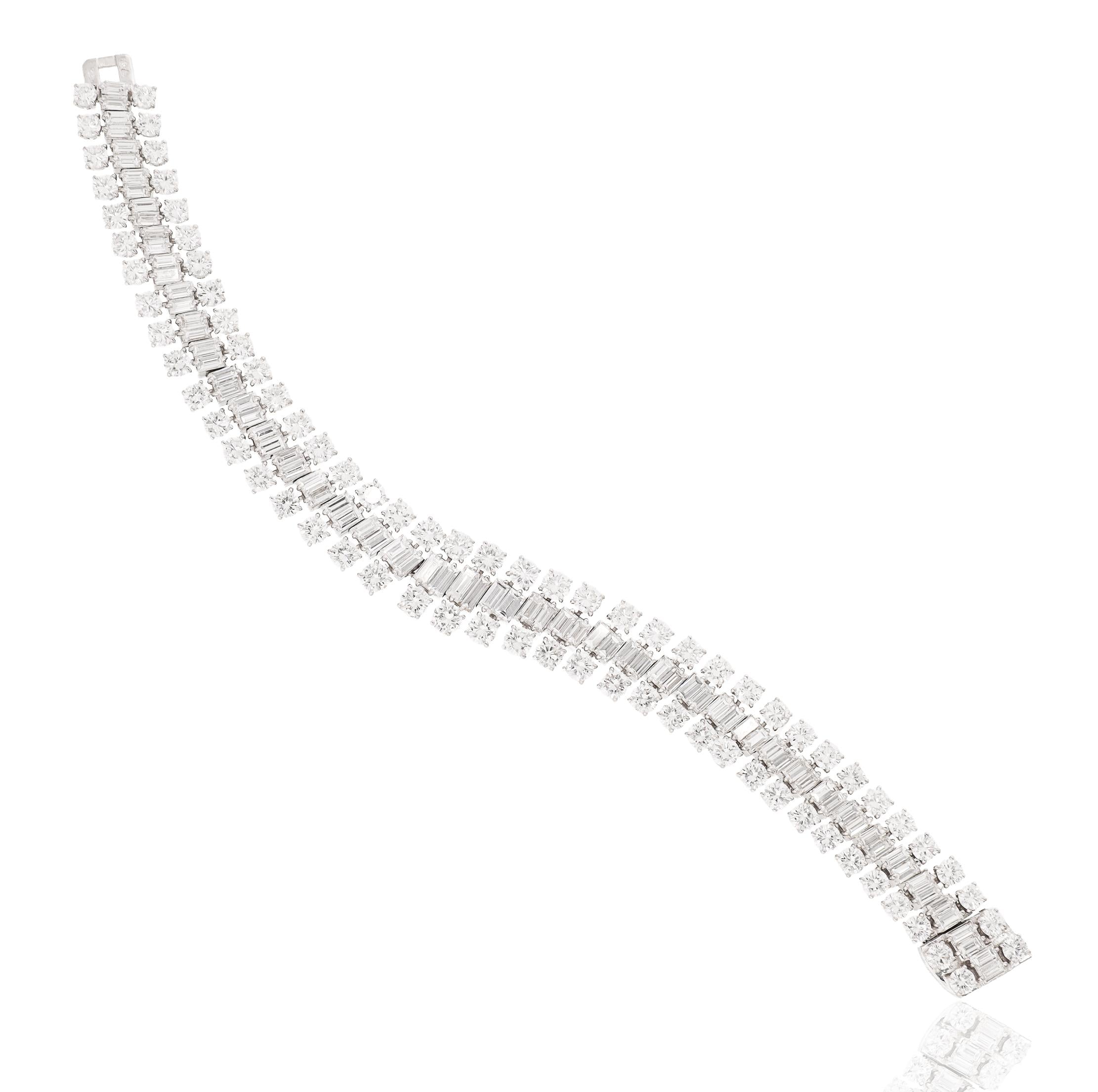 18K White Gold, Emerald-Cut and Round Diamond Bracelet