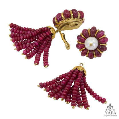 Ruby Pearl Detachable Tassel Earrings