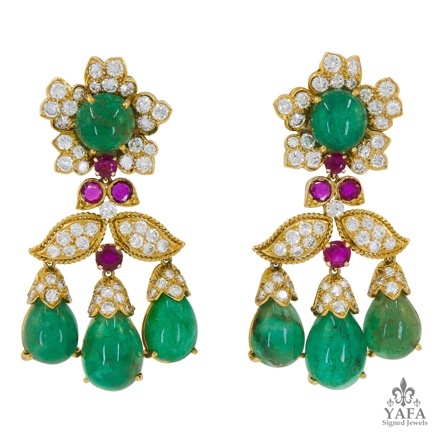 DAVID WEBB Emerald Diamond Ruby Chandelier Earrings