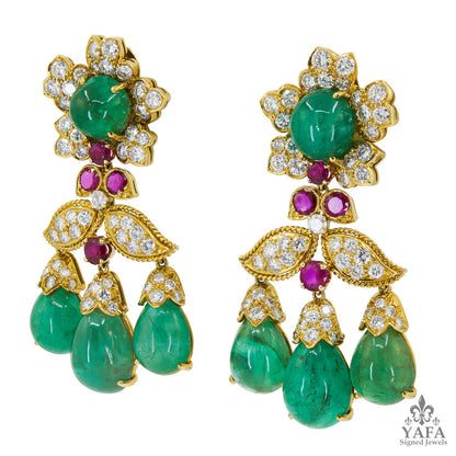 DAVID WEBB Emerald Diamond Ruby Chandelier Earrings
