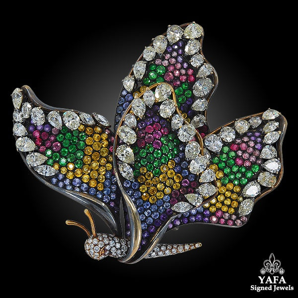 Diamond Sapphire Multicolor Pave Butterfly Brooch