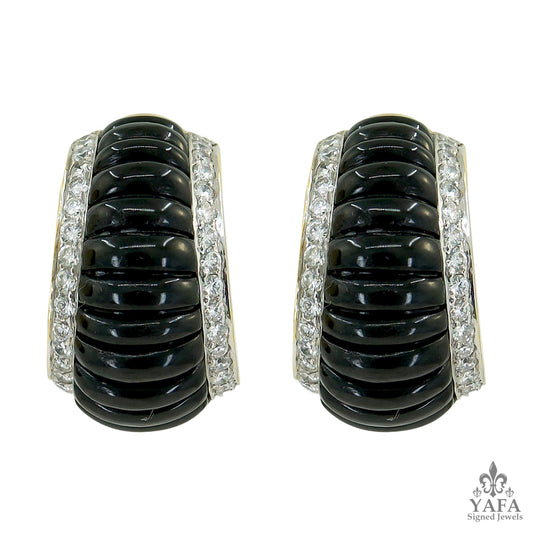 Deco-Style Onyx Diamond Half Hoop Bombe Earrings