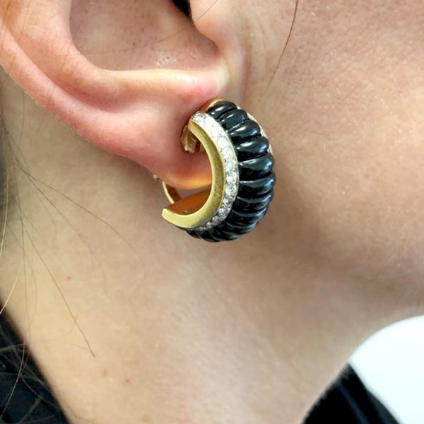 Deco-Style Onyx Diamond Half Hoop Bombe Earrings