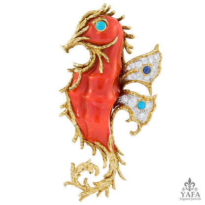 CARTIER Diamond, Turquoise and Sapphire Seahorse Brooch